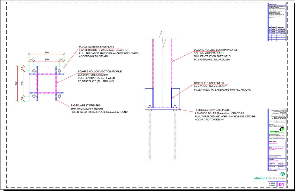 Square Hollow Section SHS Column Baseplate Detail Drawing