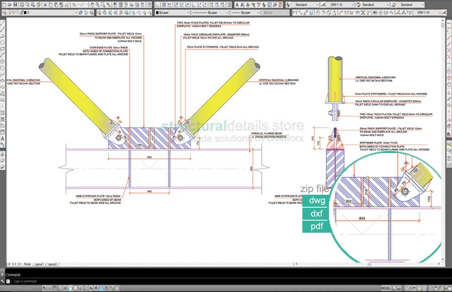 Diagonal Column Connections Vertical Diagonal CHS V Bracing Connection CAD Detail - structuraldetails