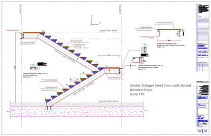 Double Stringer Steel Staircase Detail with Raised Wooden Tread Step