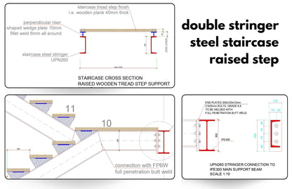 Double Stringer Steel Staircase Detail with Raised Wooden Tread Step