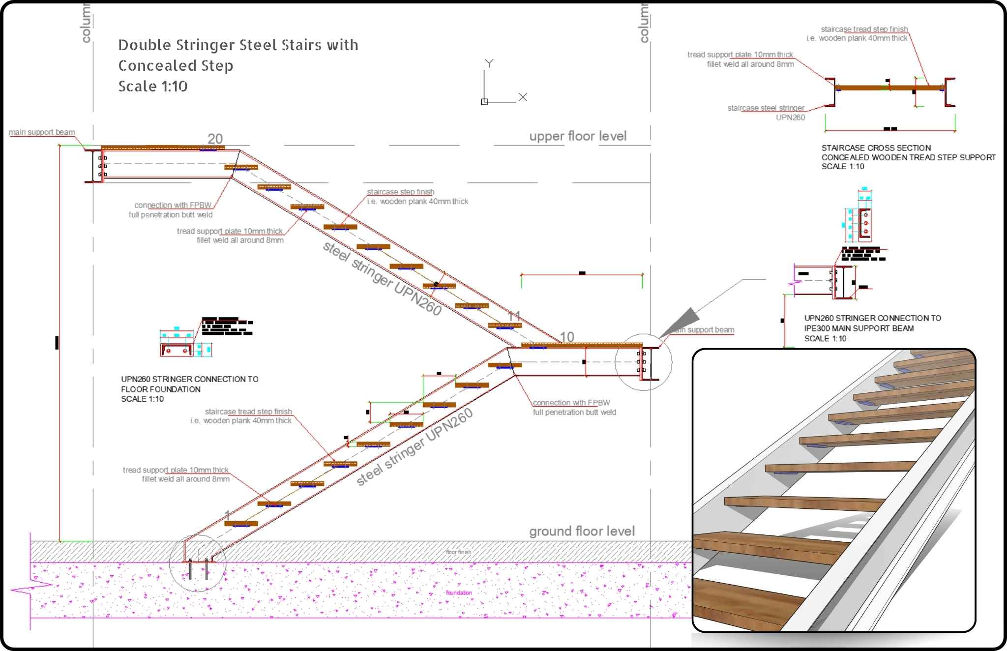 Stringer Column Double Stringer Steel Staircase Detail with Concealed Tread Step ...