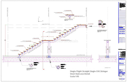 Single CHS Stringer Straight Single Flight Steel Staircase Detail