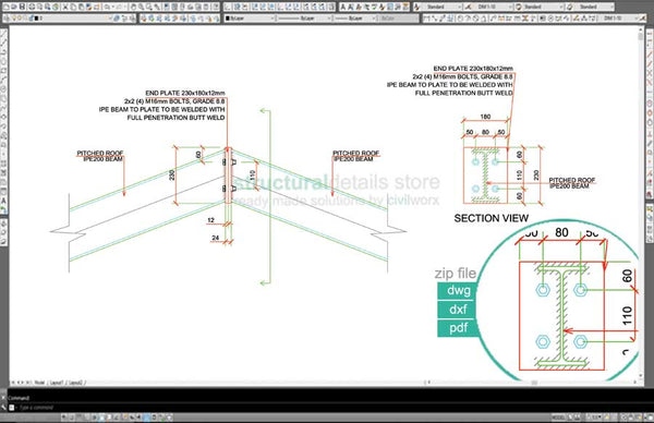 Inclined Steel Roof Beam To Beam Ridge Connection CAD Detail ...