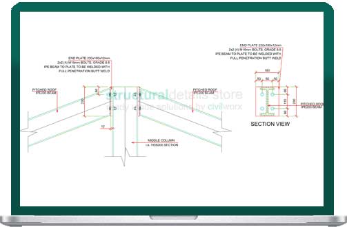 Structural Ridge Detail Inclined Steel Roof Ridge Beam To Interior Column Connection CAD Detail ...