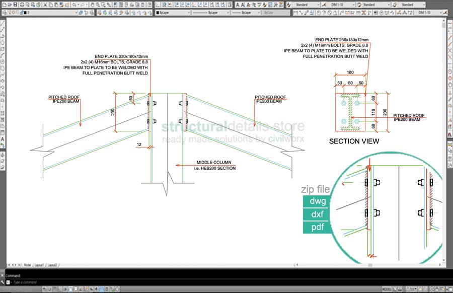Structural Ridge Detail Inclined Steel Roof Ridge Beam To Interior Column Connection CAD Detail ...