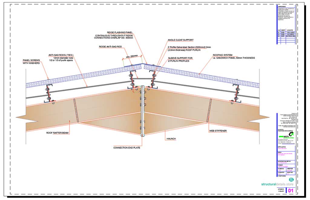 Drop Ridge Framing Steel Hangar Portal Frame Roof Ridge CAD Detail - structuraldetails