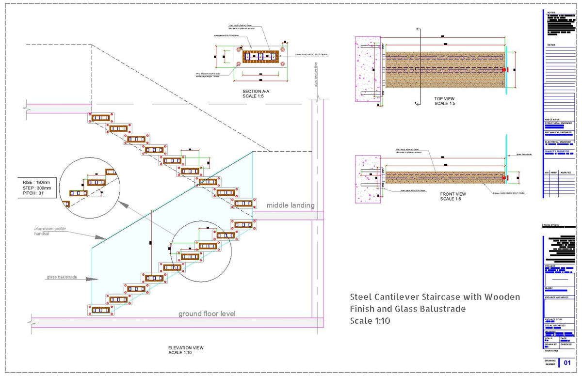 Steel Cantilever Staircase with Wooden Finish CAD Detail ...