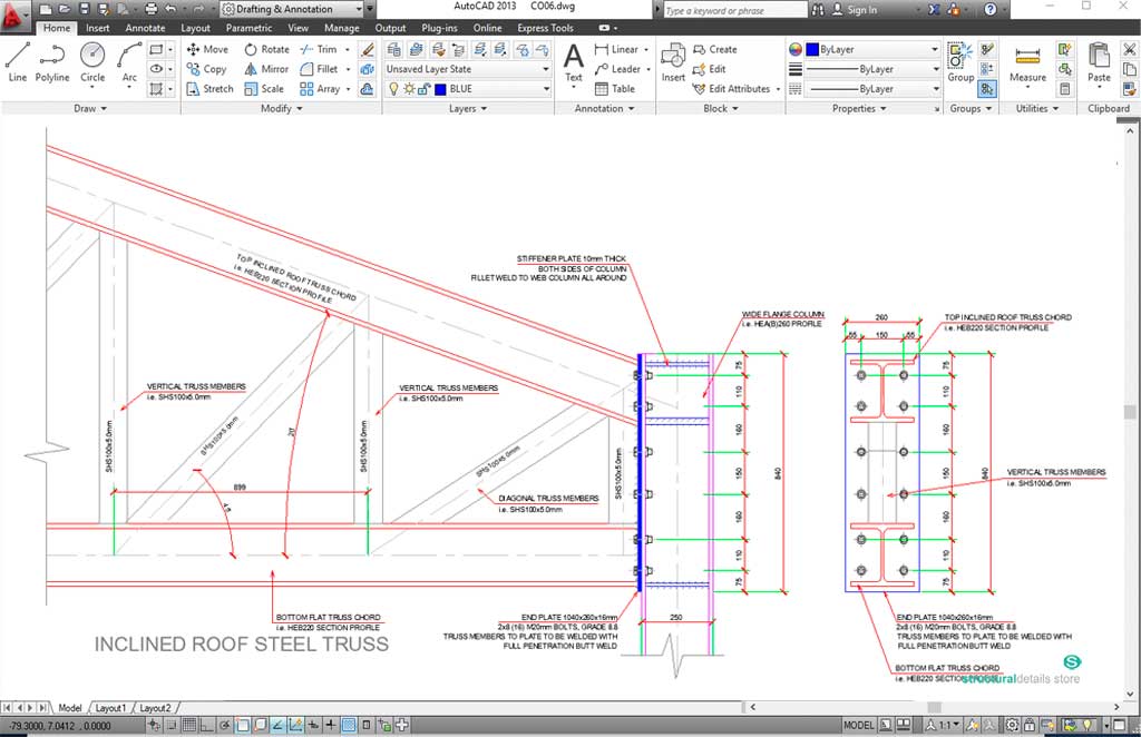 Inclined Roof Steel Truss Connection to HEB Column