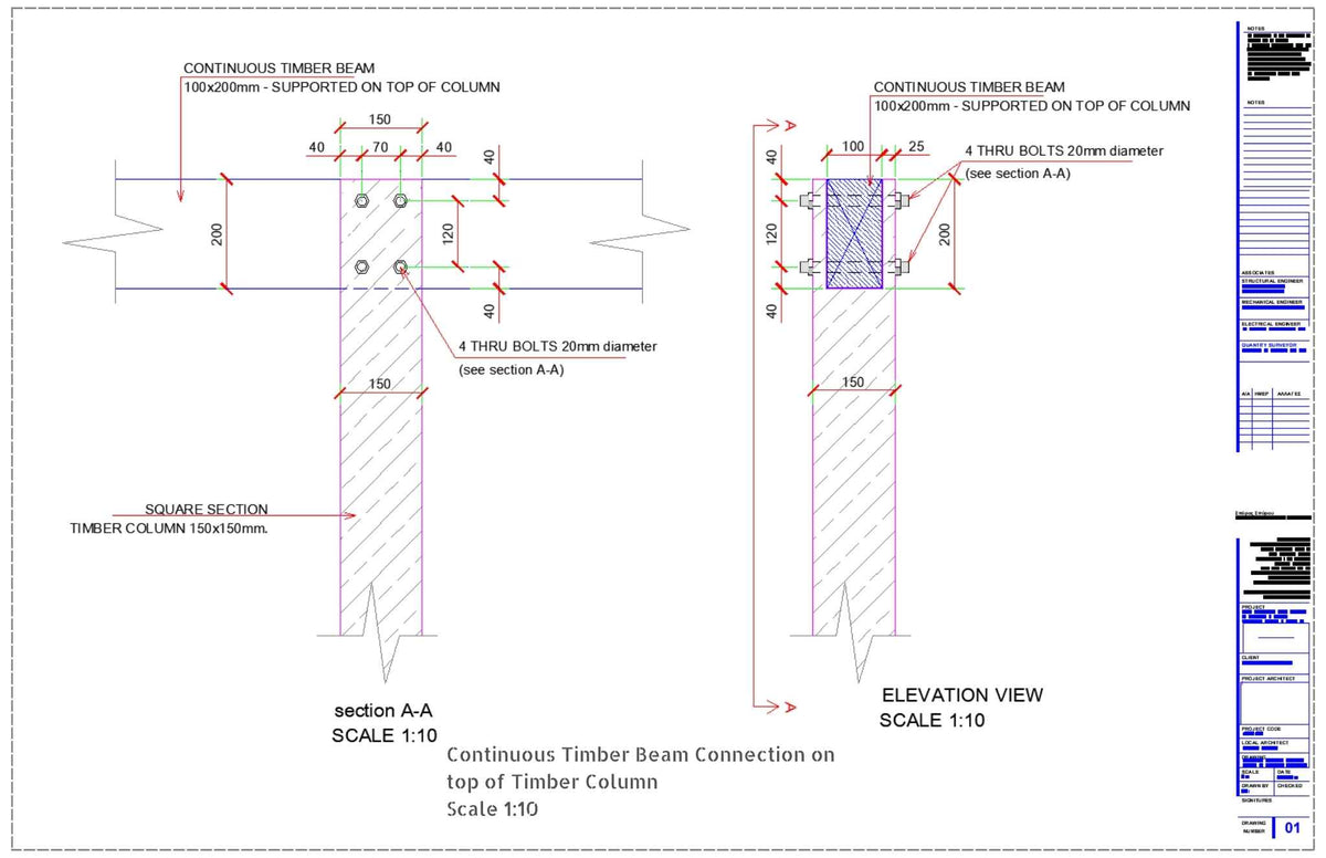 Continuous Timber Beam Supported on Top of Timber Column CAD Detail ...