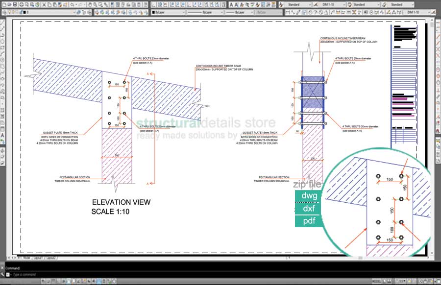 Inclined Timber Beam on Top of Timber Column with Steel Gusset Plate