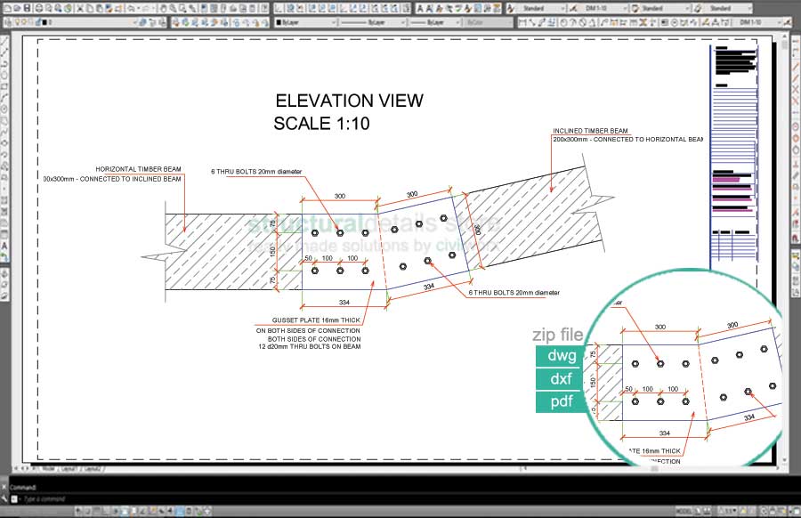 Continuous connection of an inclined and horizontal timber beam