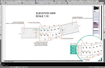 Continuous connection of an inclined and horizontal timber beam