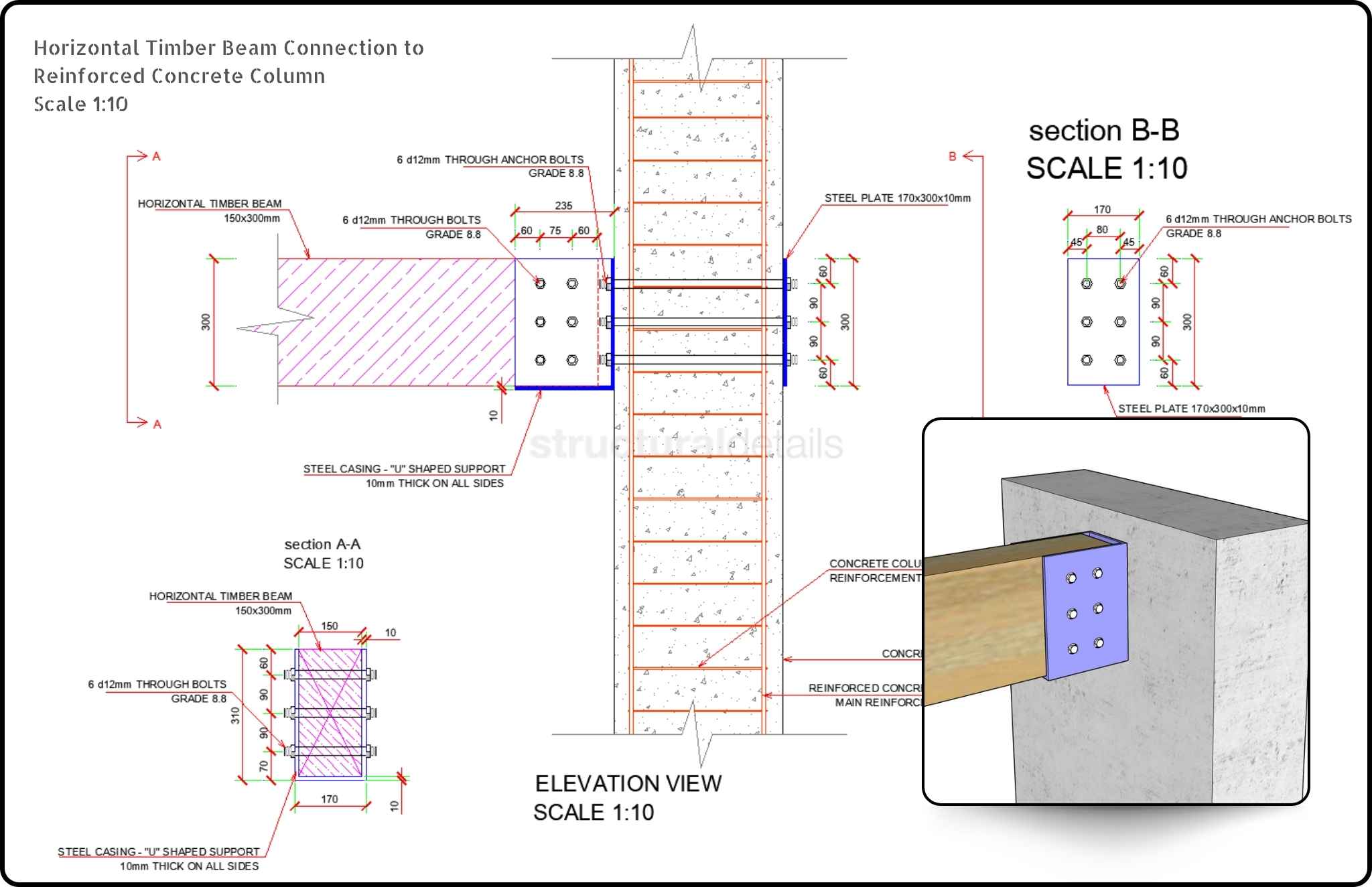 Horizontal Timber Beam Connection to Concrete Column CAD Detail ...