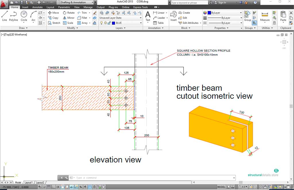 Timber Beam to SHS Steel Column Simple Connection CAD Detail ...