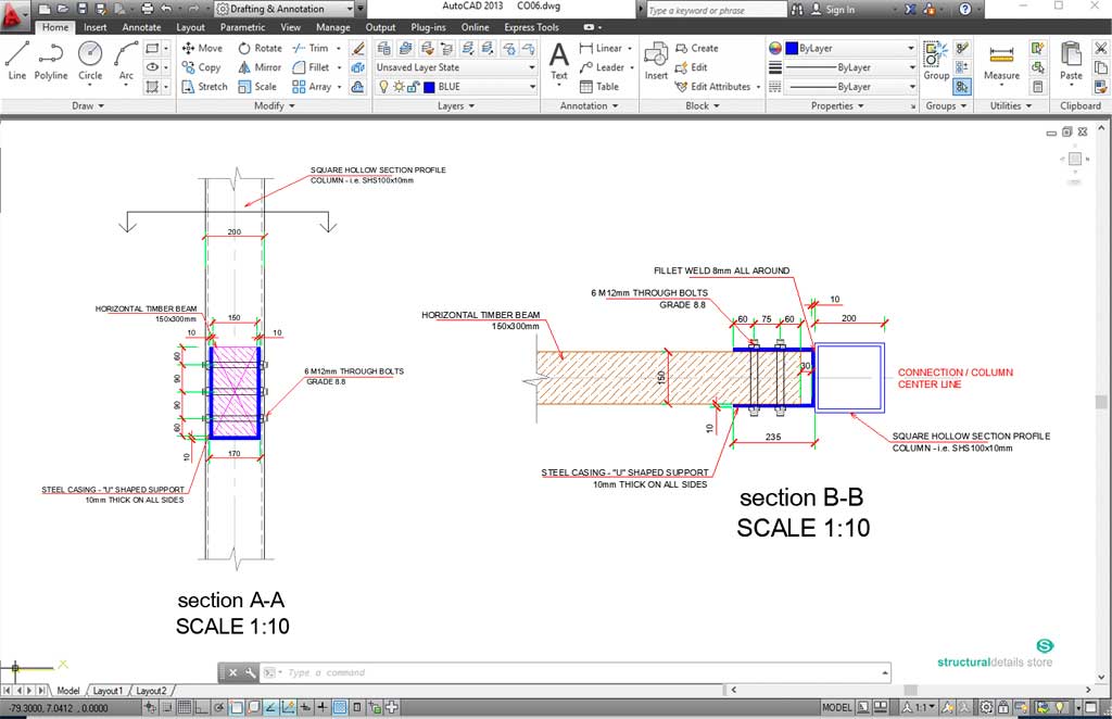 Timber Beam to SHS Steel Column Moment Connection