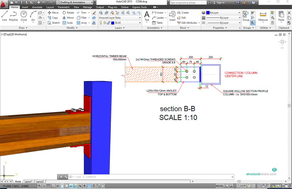 Timber Beam to SHS Steel Column Angle Moment Connection