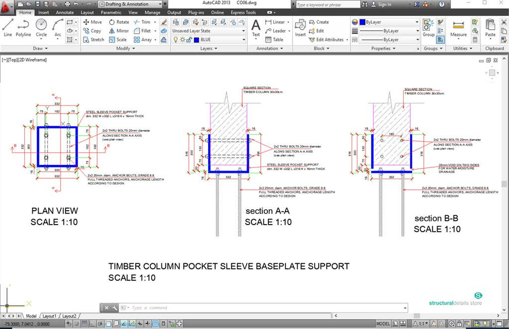 Pocket Sleeve Baseplate for Square Timber Column CAD Detail ...