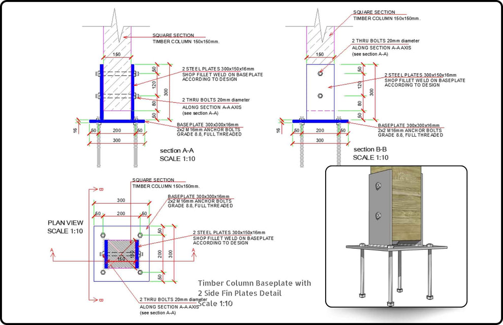 Timber Column Two Sides Baseplate Support CAD Detail - structuraldetails