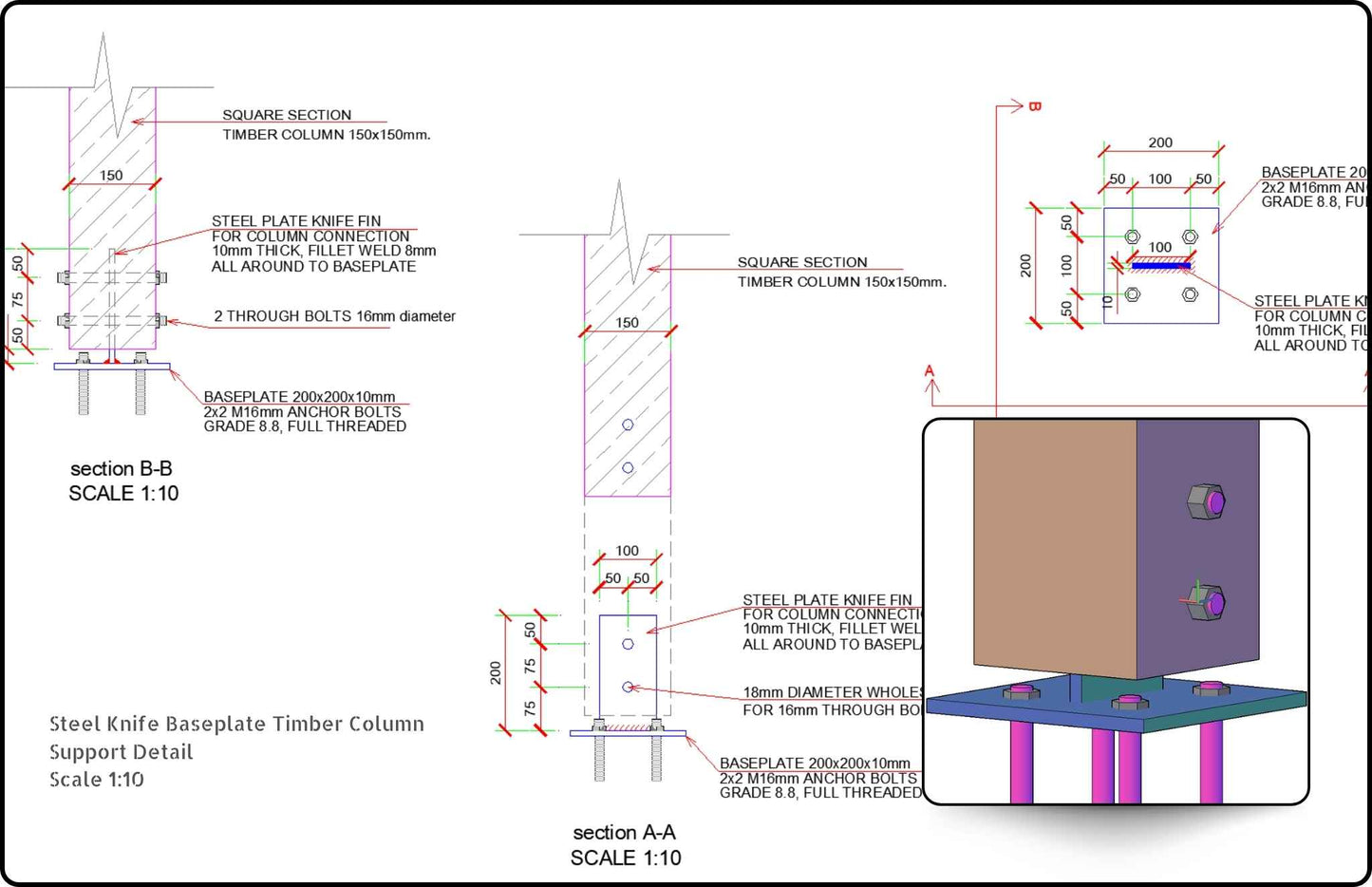 Steel Knife Baseplate Timber Column Support