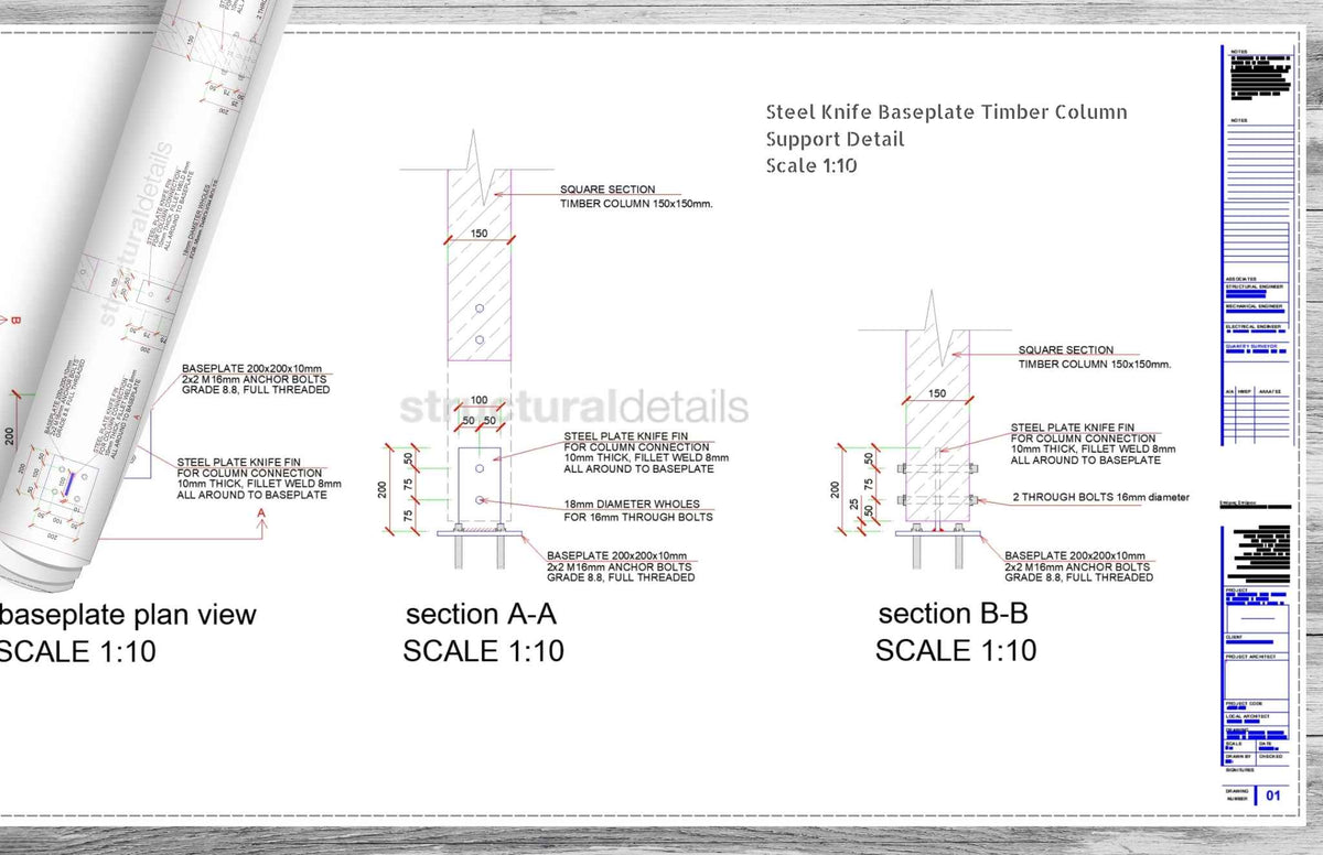 Steel Knife Baseplate Timber Column Support CAD Detail - structuraldetails