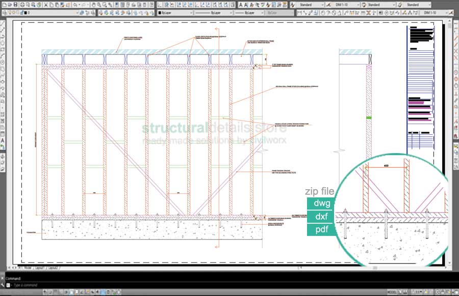 Timber Frame Racking Panel Detail Timber Load Bearing Wall Frame CAD Detail - structuraldetails