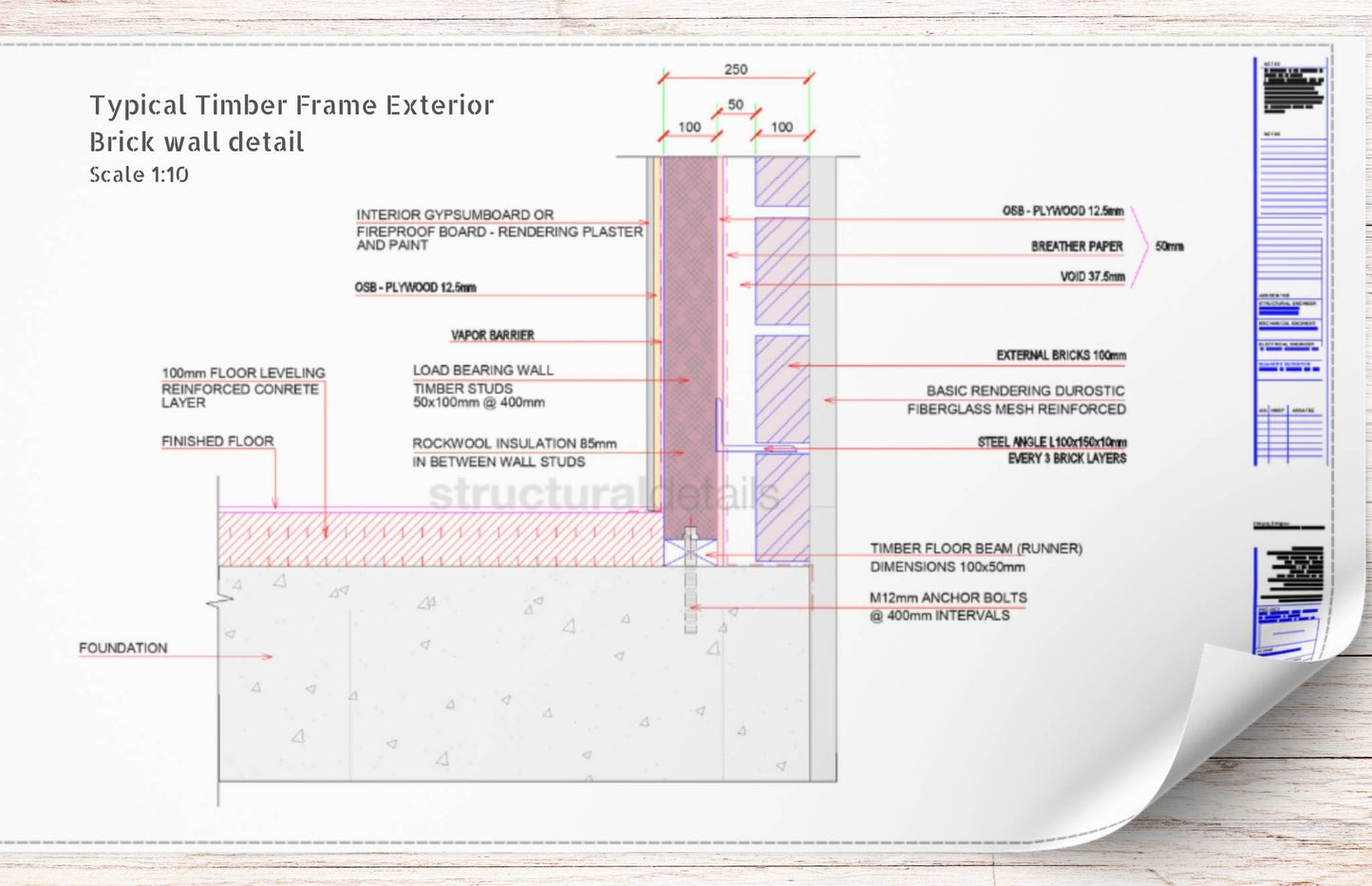 Timber Framed Exterior Brick Wall CAD Detail - structuraldetails