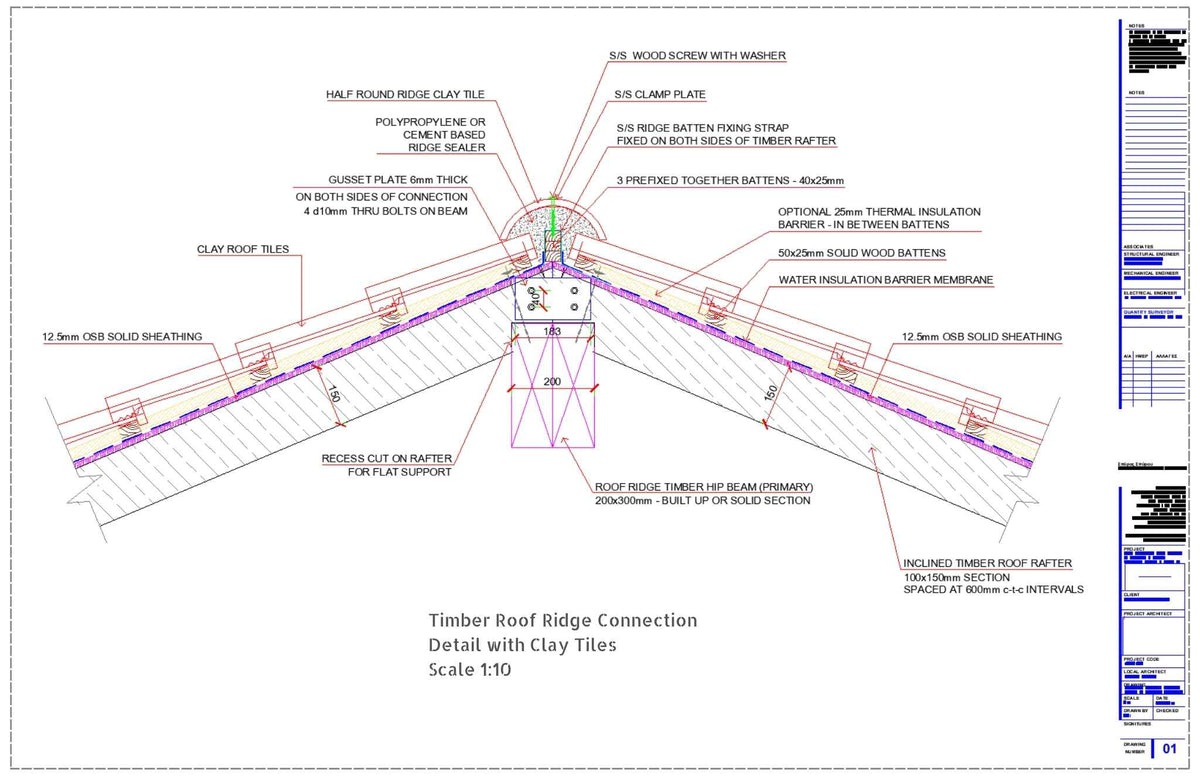 Timber Ridge Plate Timber Roof with Clay Tiles Ridge Connection CAD Detail - structuraldetails