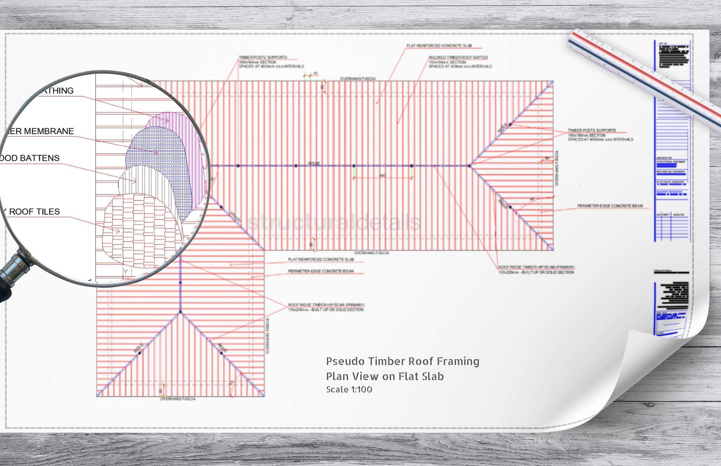 Complete construction details for pseudo timber roof