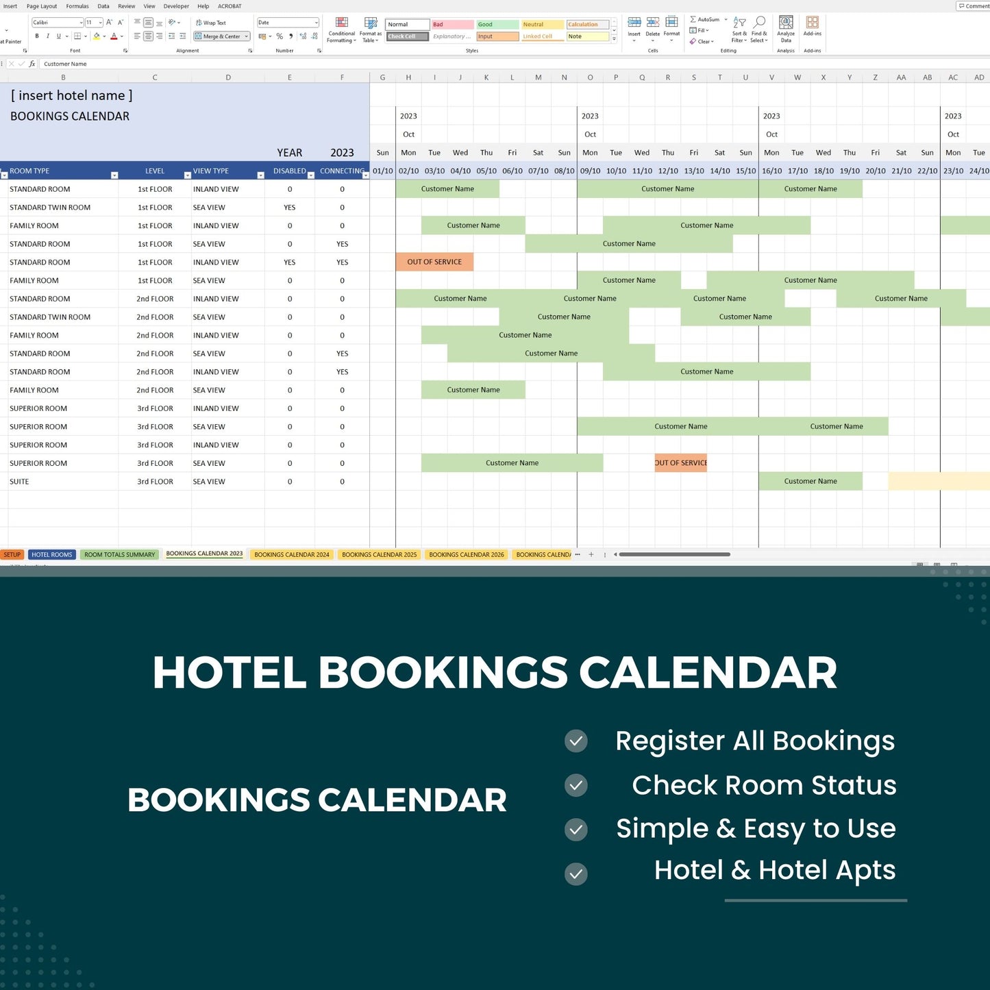 Hotel Rooms Matrix Booking Registry Excel Template