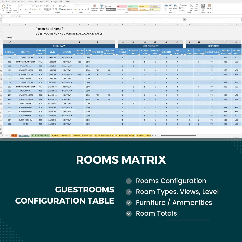 Hotel Rooms Matrix Booking Registry Excel Template - structuraldetails