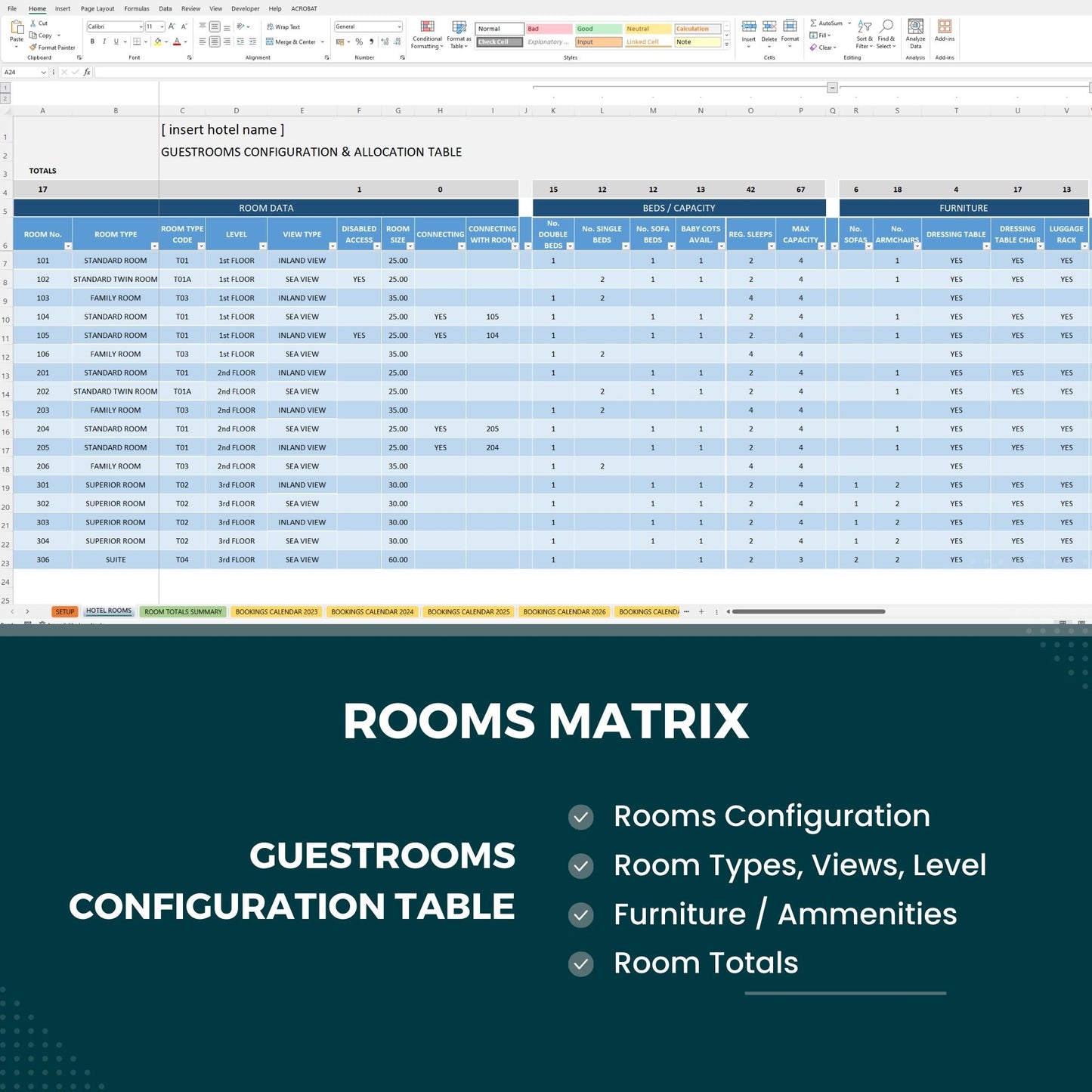 Hotel Rooms Matrix Booking Registry Excel Template