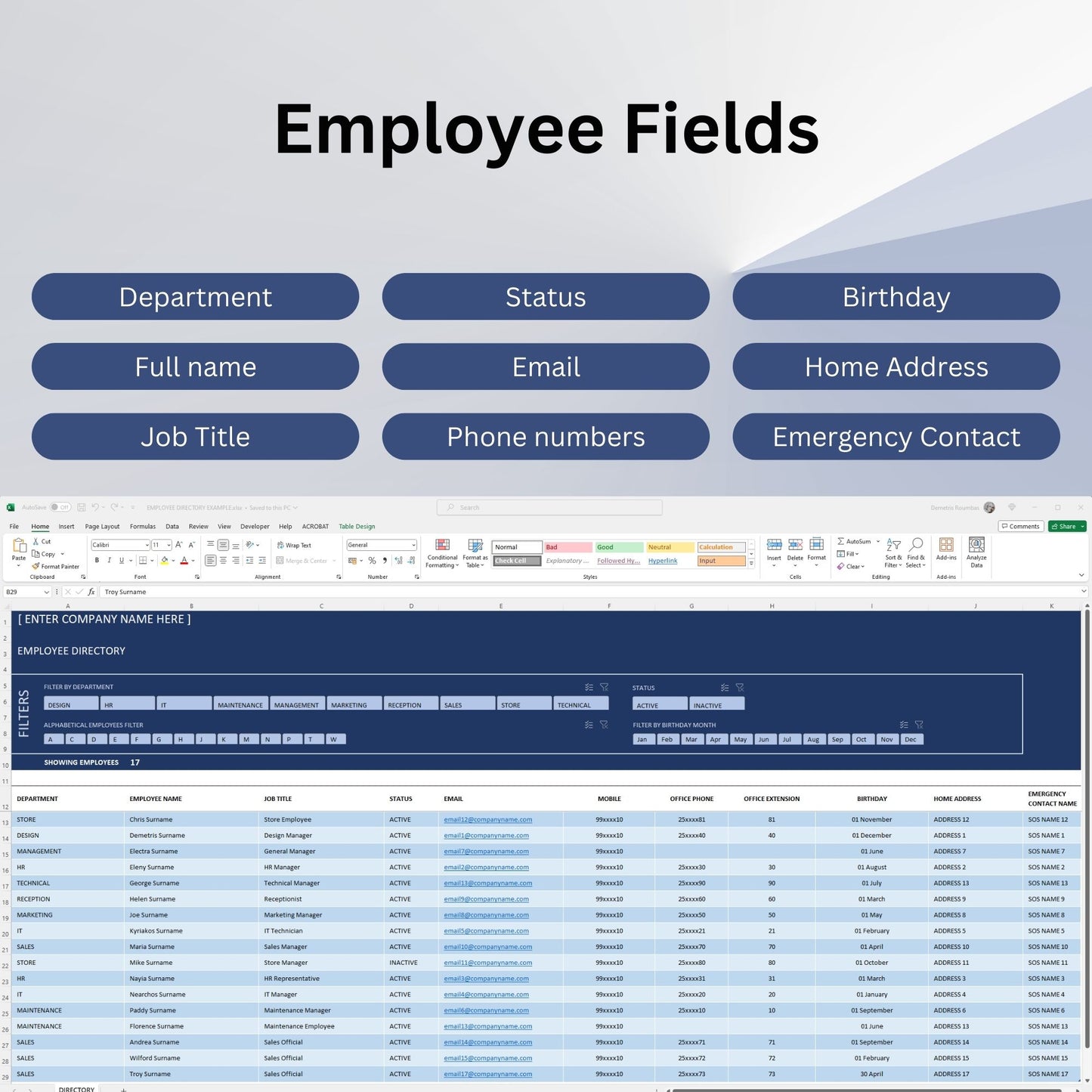 Company Employee Directory Excel Template