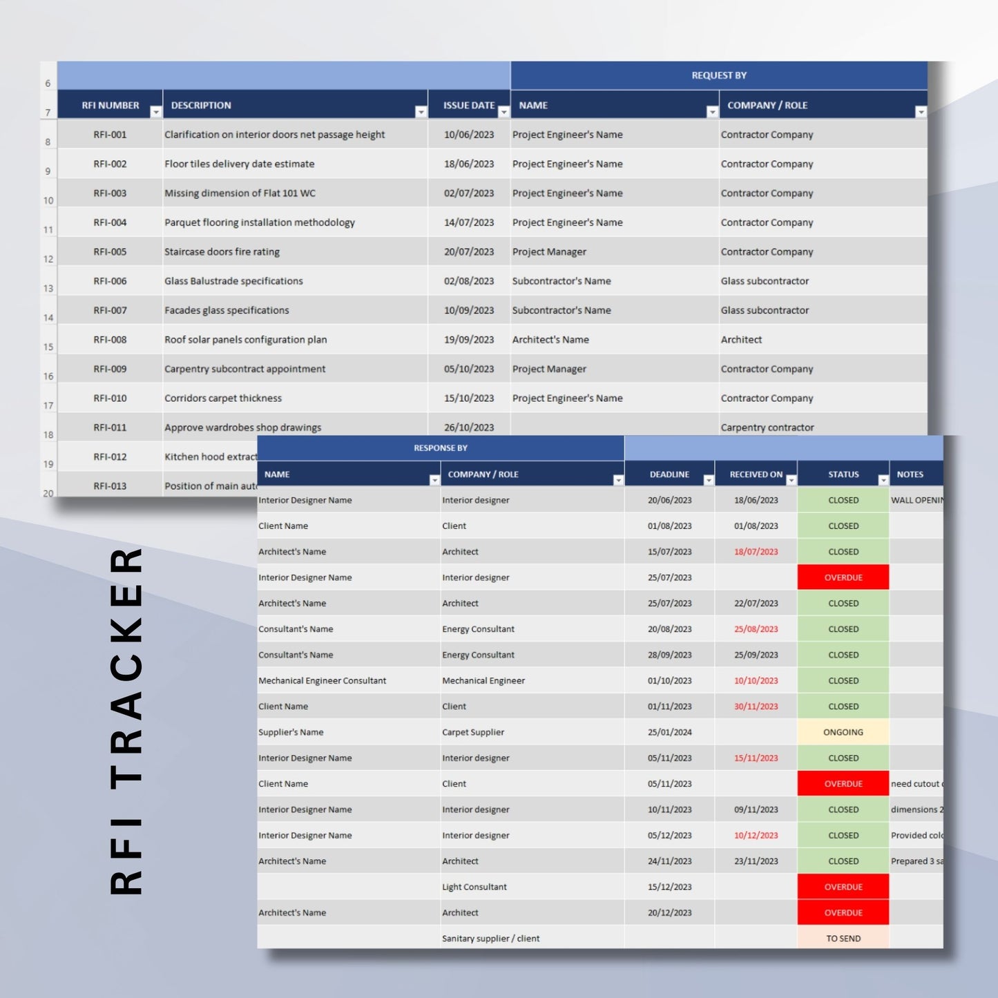 RFI Log Tracker Management Excel Template