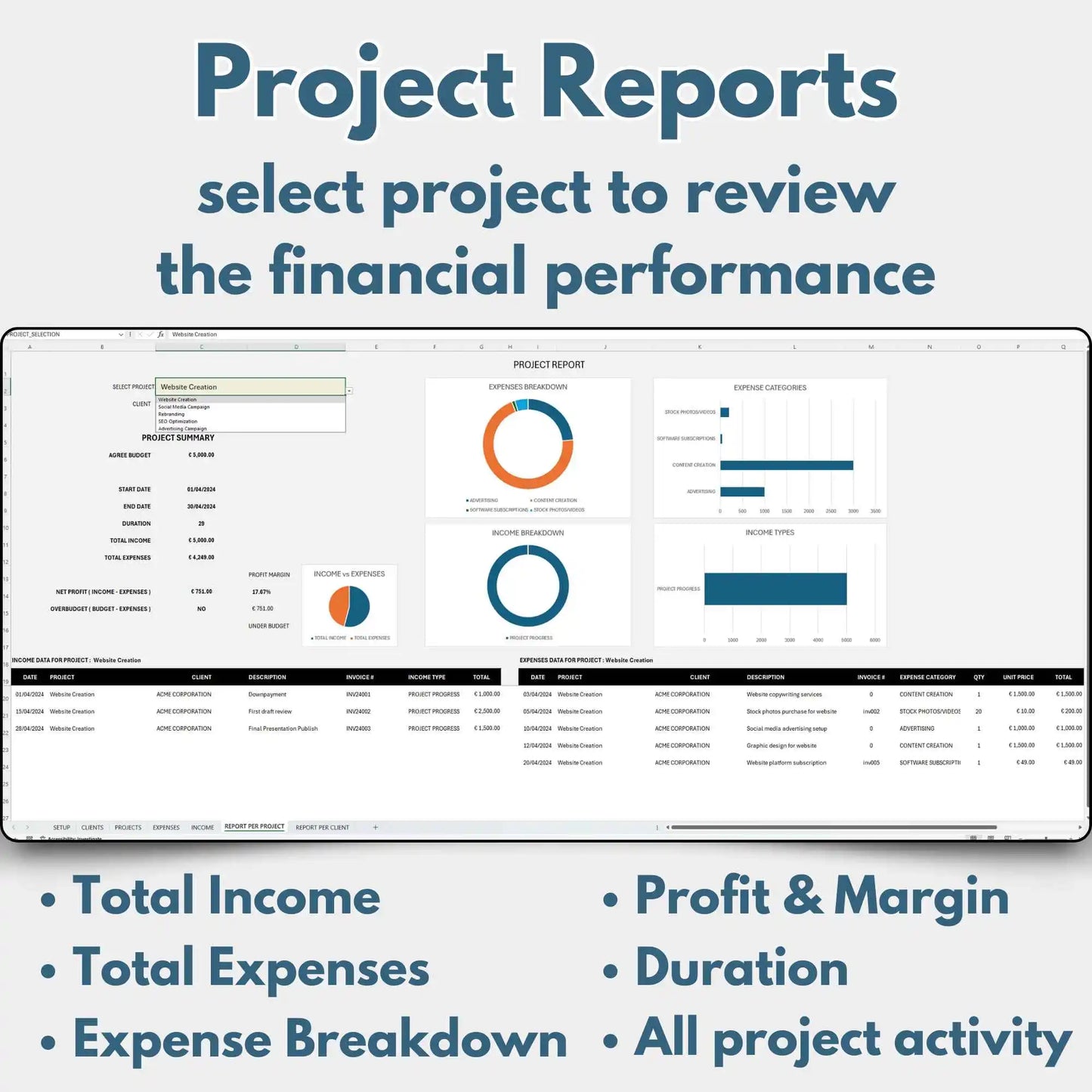 Project Financials Profit Tracker Excel Template