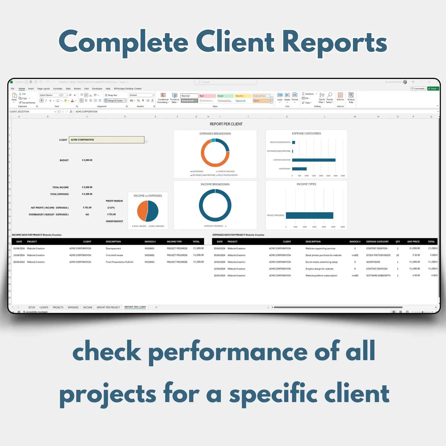 Project Financials Profit Tracker Excel Template