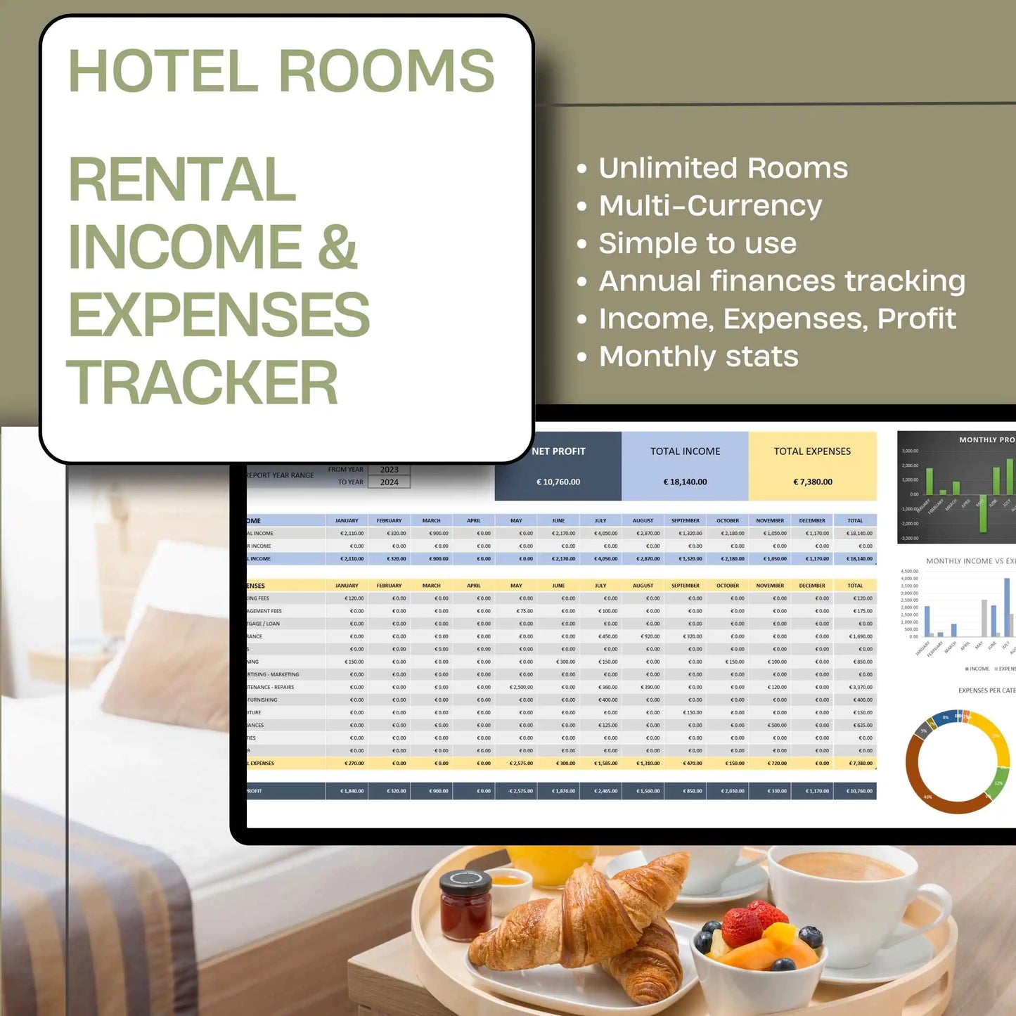 Hotel Rooms Bookings Financial Tracker Excel Template