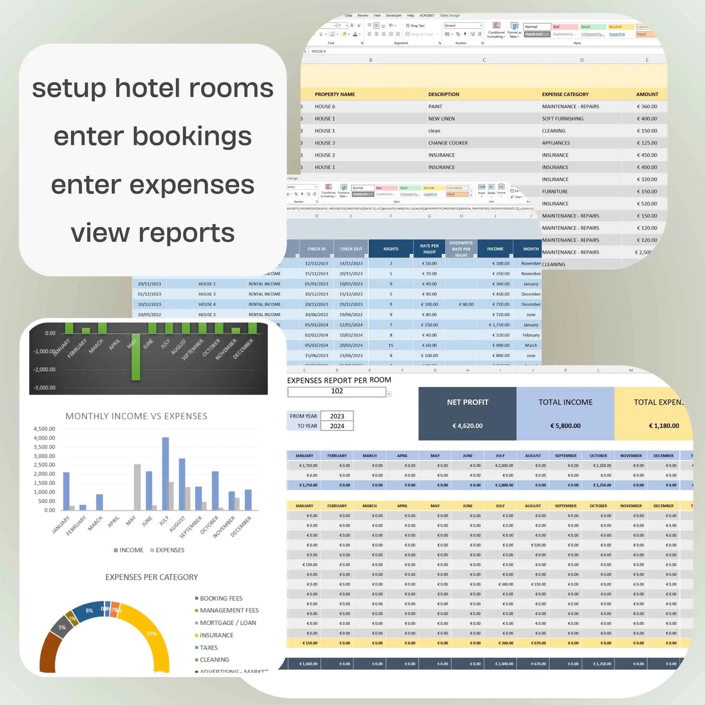 Hotel Rooms Bookings Financial Tracker Excel Template