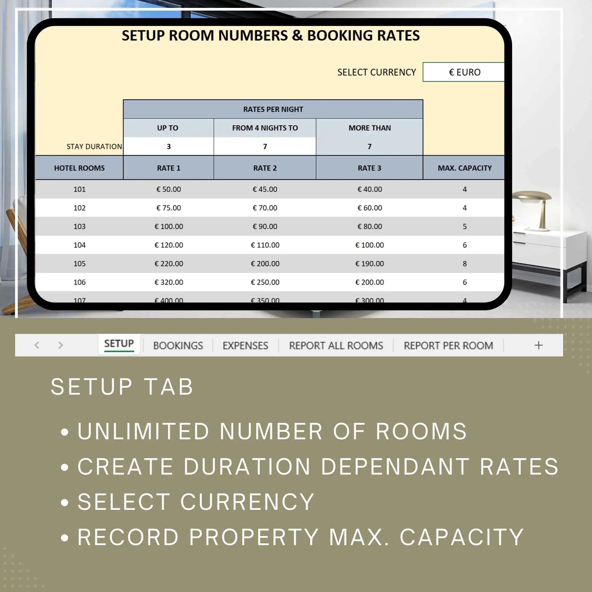 Hotel Rooms Bookings Financial Tracker Excel Template - structuraldetails