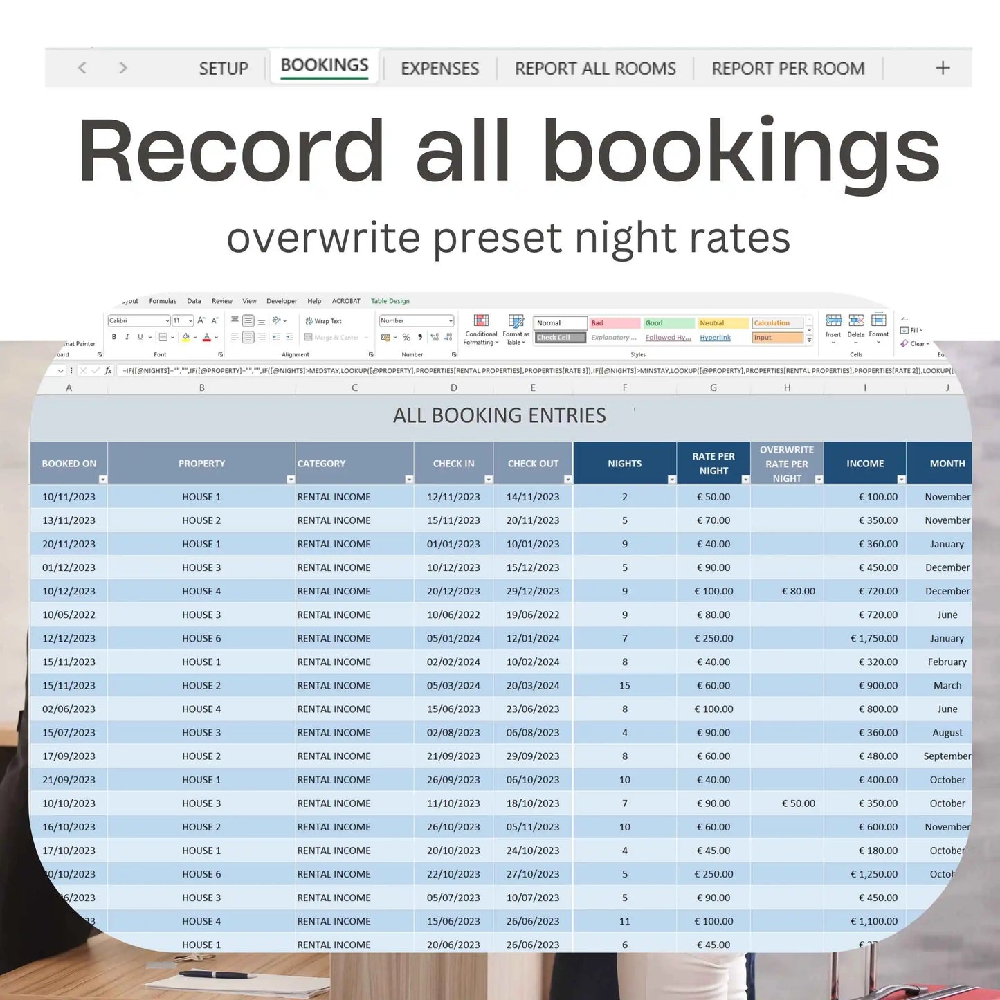 Hotel Rooms Bookings Financial Tracker Excel Template