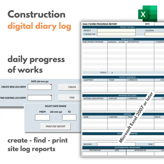 Construction Daily Works Progress Log Entry Diary Excel