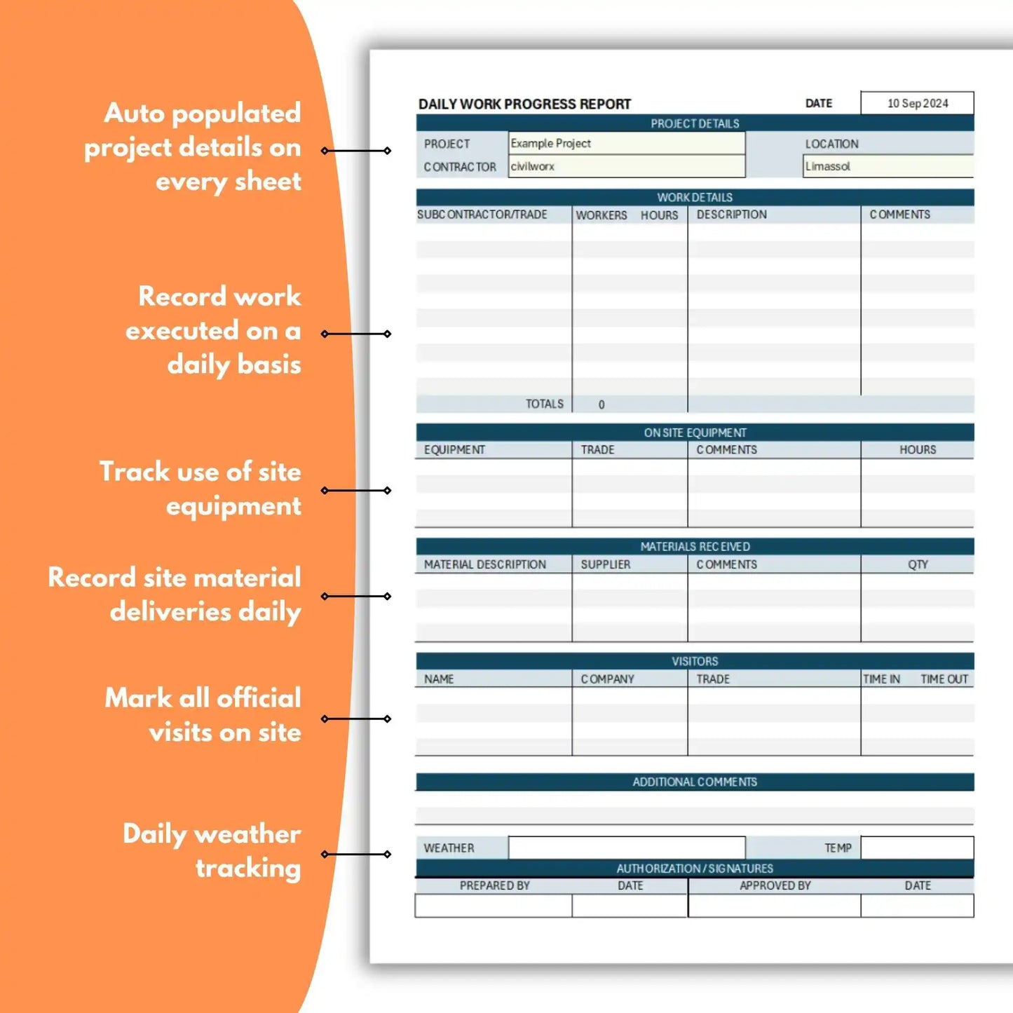 Construction Daily Works Progress Log Entry Diary Excel