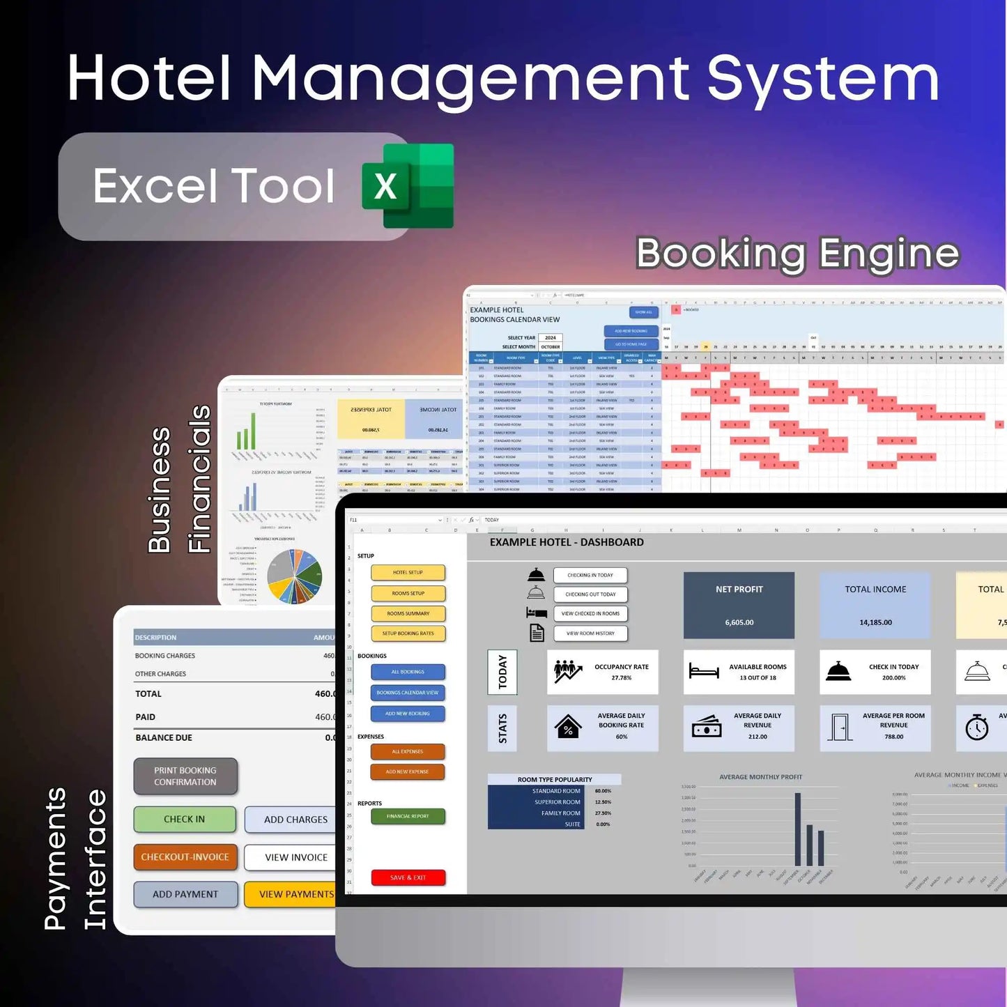 Hotel Management Excel Tool Bookings Financials up to 200 rooms