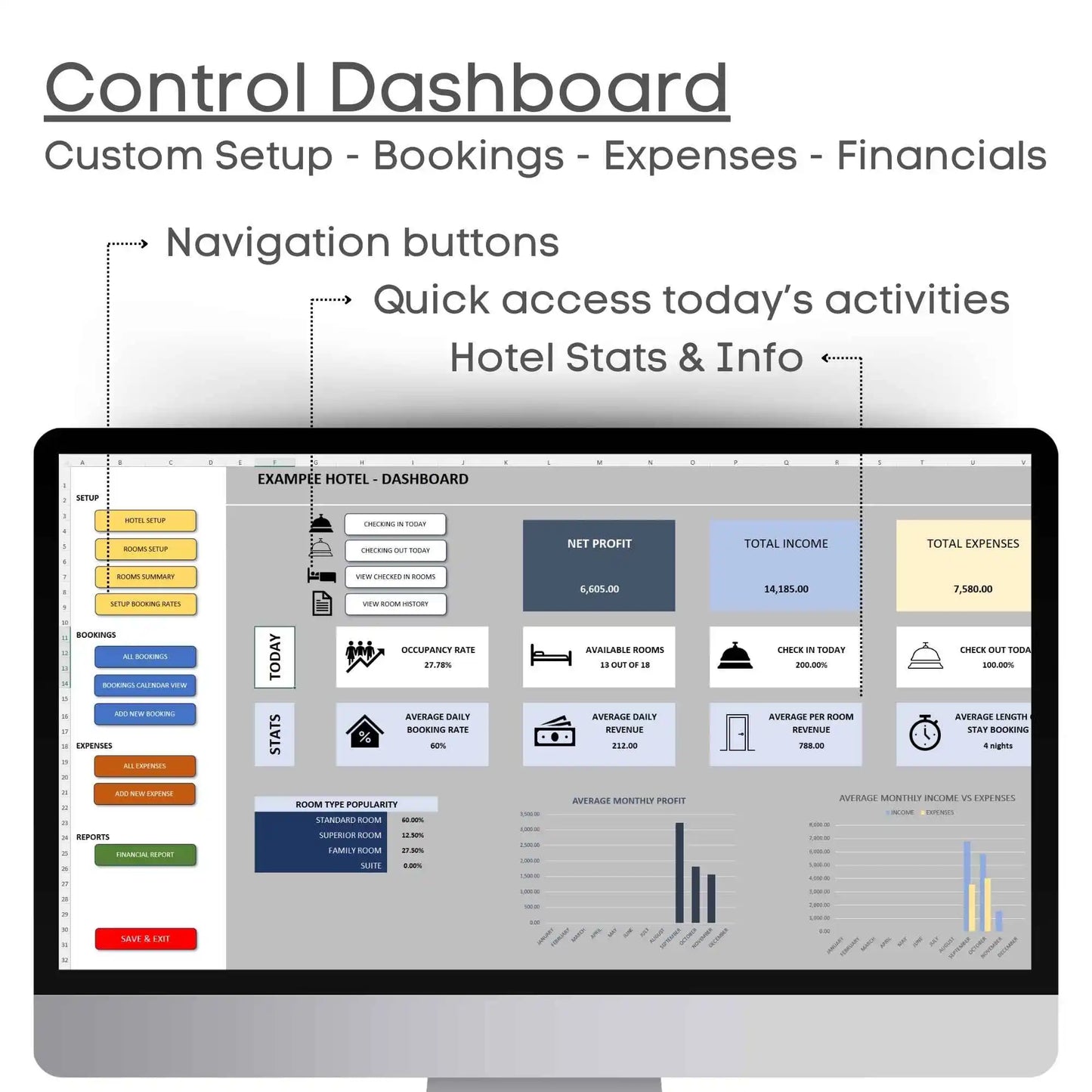 Hotel Management Excel Tool Bookings Financials up to 200 rooms