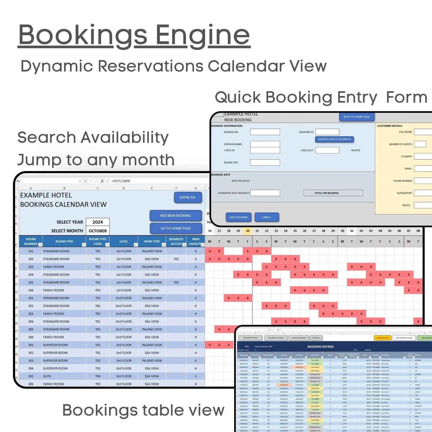 Hotel Management Excel Tool Bookings Financials up to 200 rooms