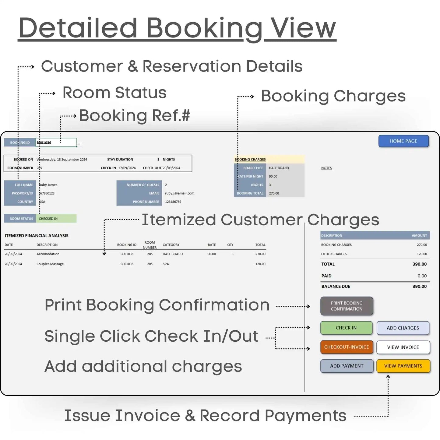 Hotel Management Excel Tool Bookings Financials up to 200 rooms