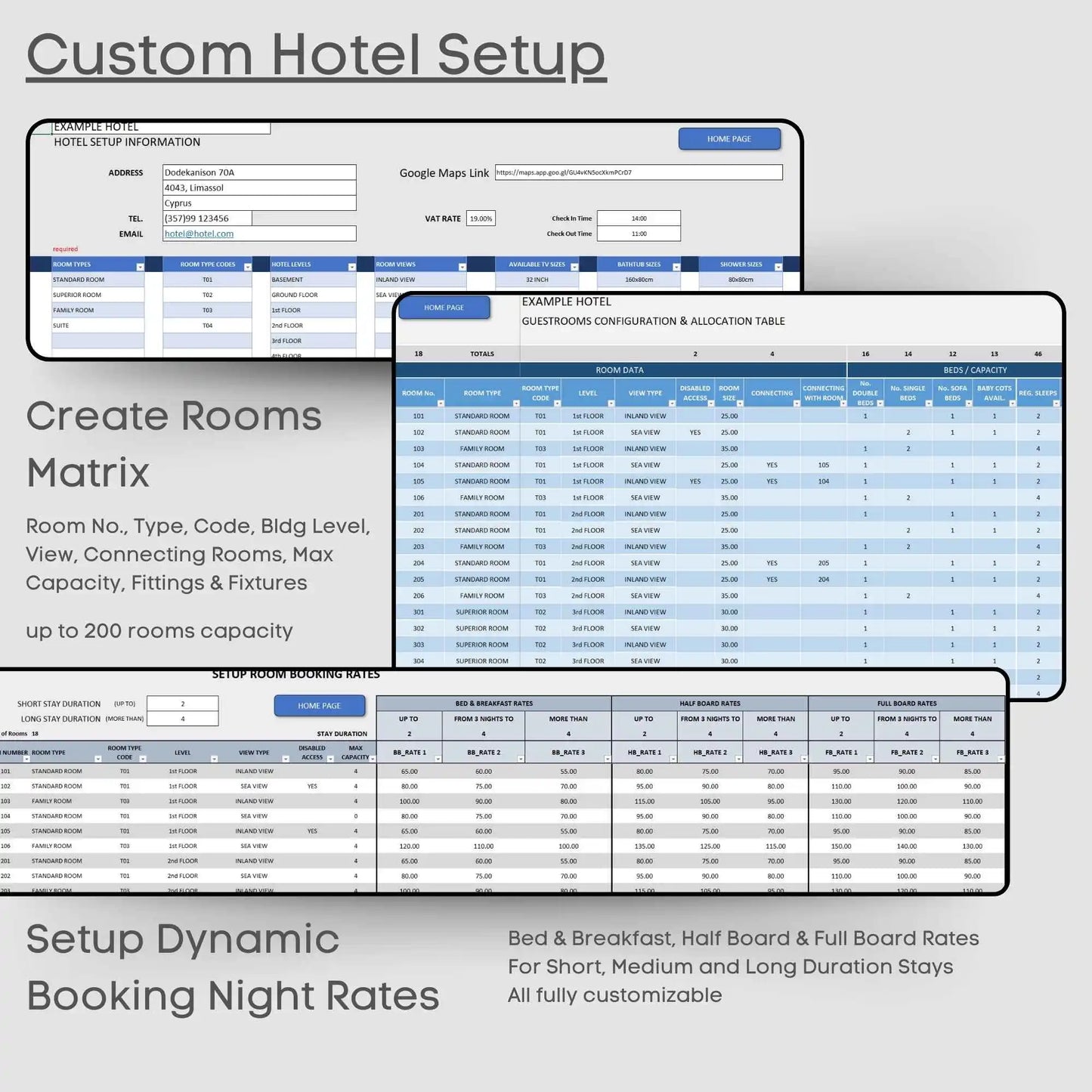 Hotel Management Excel Tool Bookings Financials up to 200 rooms