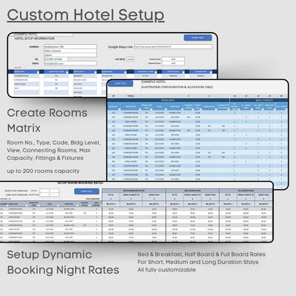 Hotel Management Excel Tool Bookings Financials up to 200 rooms