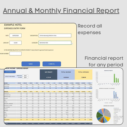 Hotel Management Excel Tool Bookings Financials up to 200 rooms