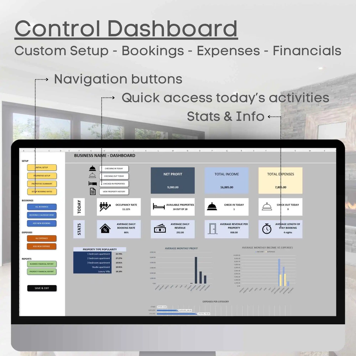 Rental Properties Management Excel Tool Bookings Financials