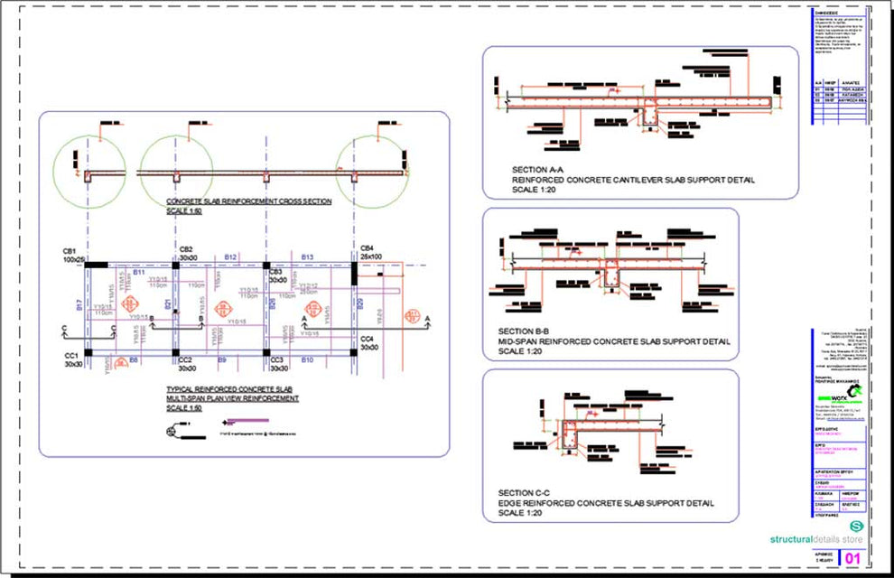Reinforced Concrete Multi-Span Slab Support CAD Details - structuraldetails